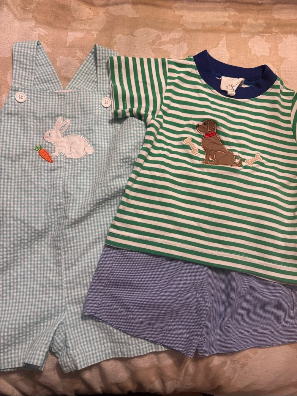 Kids Green & White Striped Dog Applique Tee with Light Blue Check Shortall Set